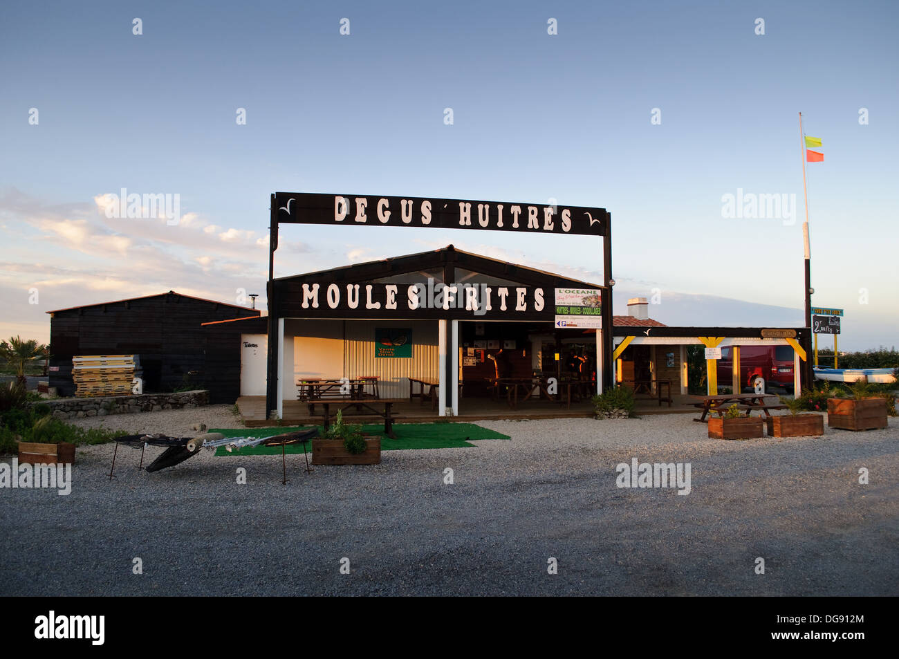 Moules Frites stall on the island of Noirmoutier off the Atlantic coast of  France in the Vendée department Stock Photo - Alamy