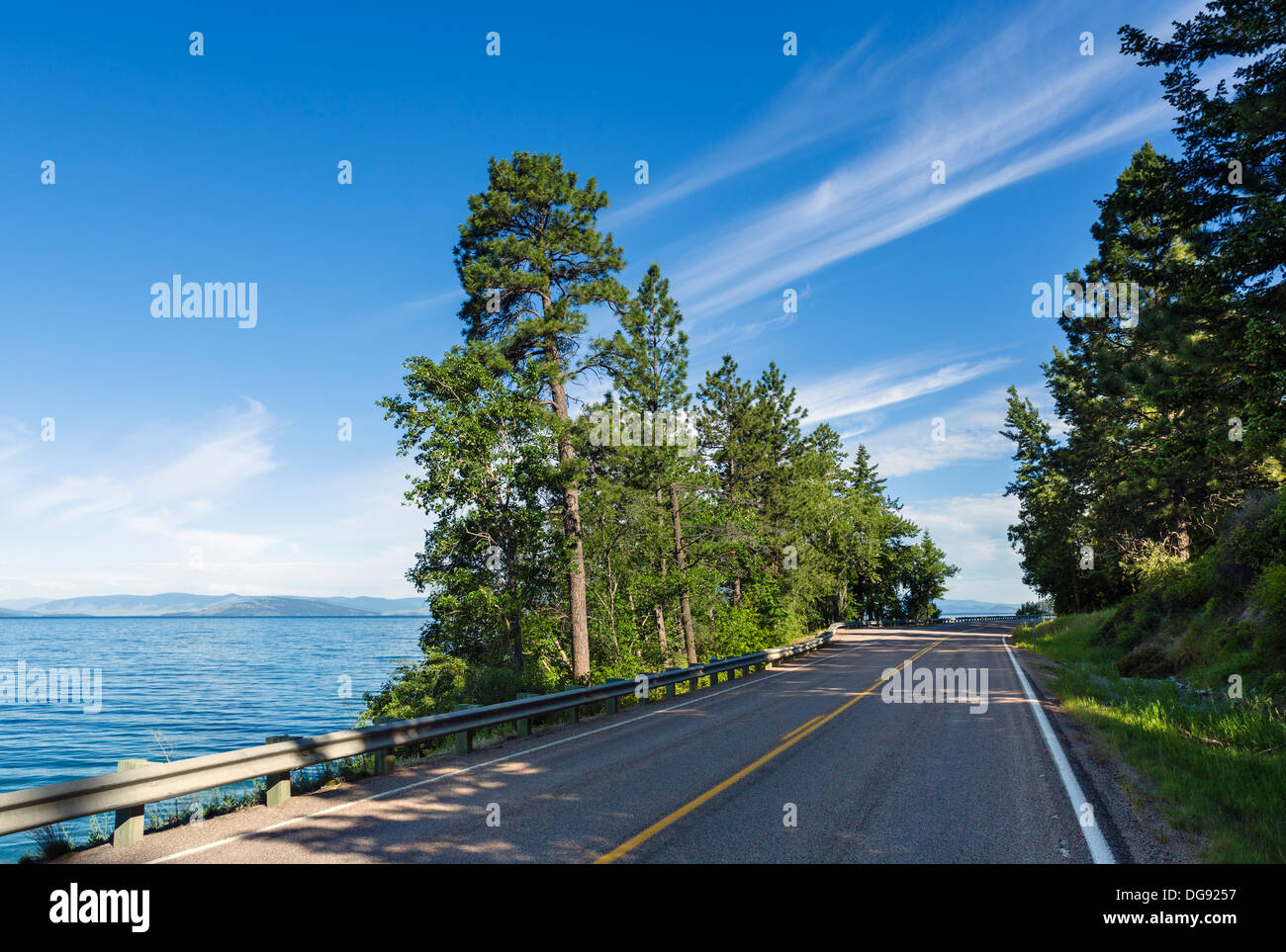 Highway 35 along the east shore of Lake Flathead, Montana, USA Stock Photo
