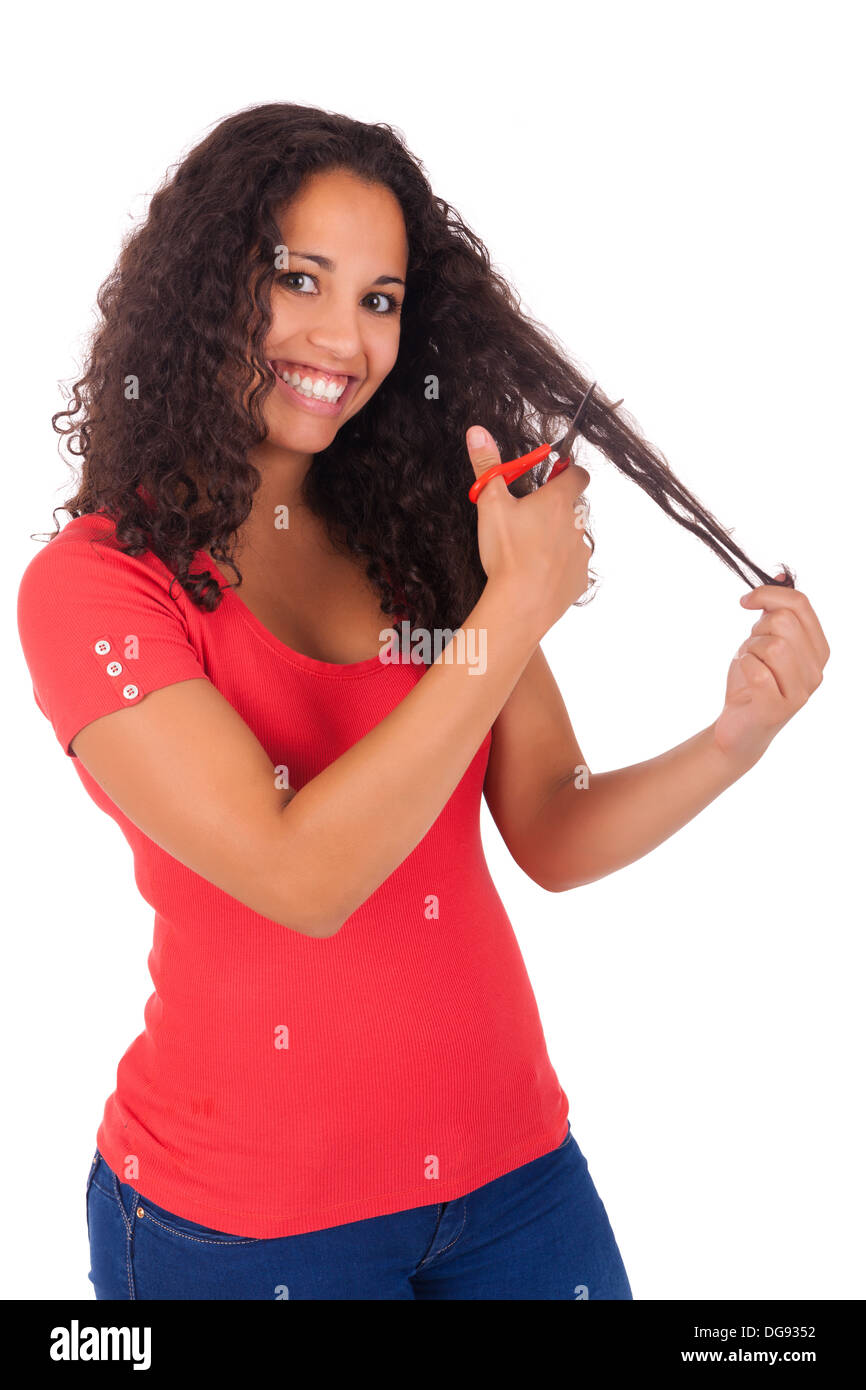 Young african american woman with long hair isolated Stock Photo - Alamy