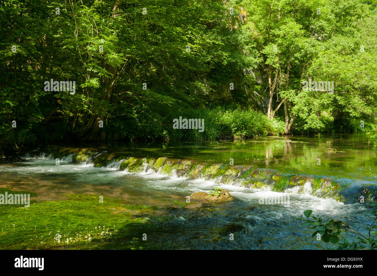 Natural Weir in Dovedale, Derbyshire, England Stock Photo