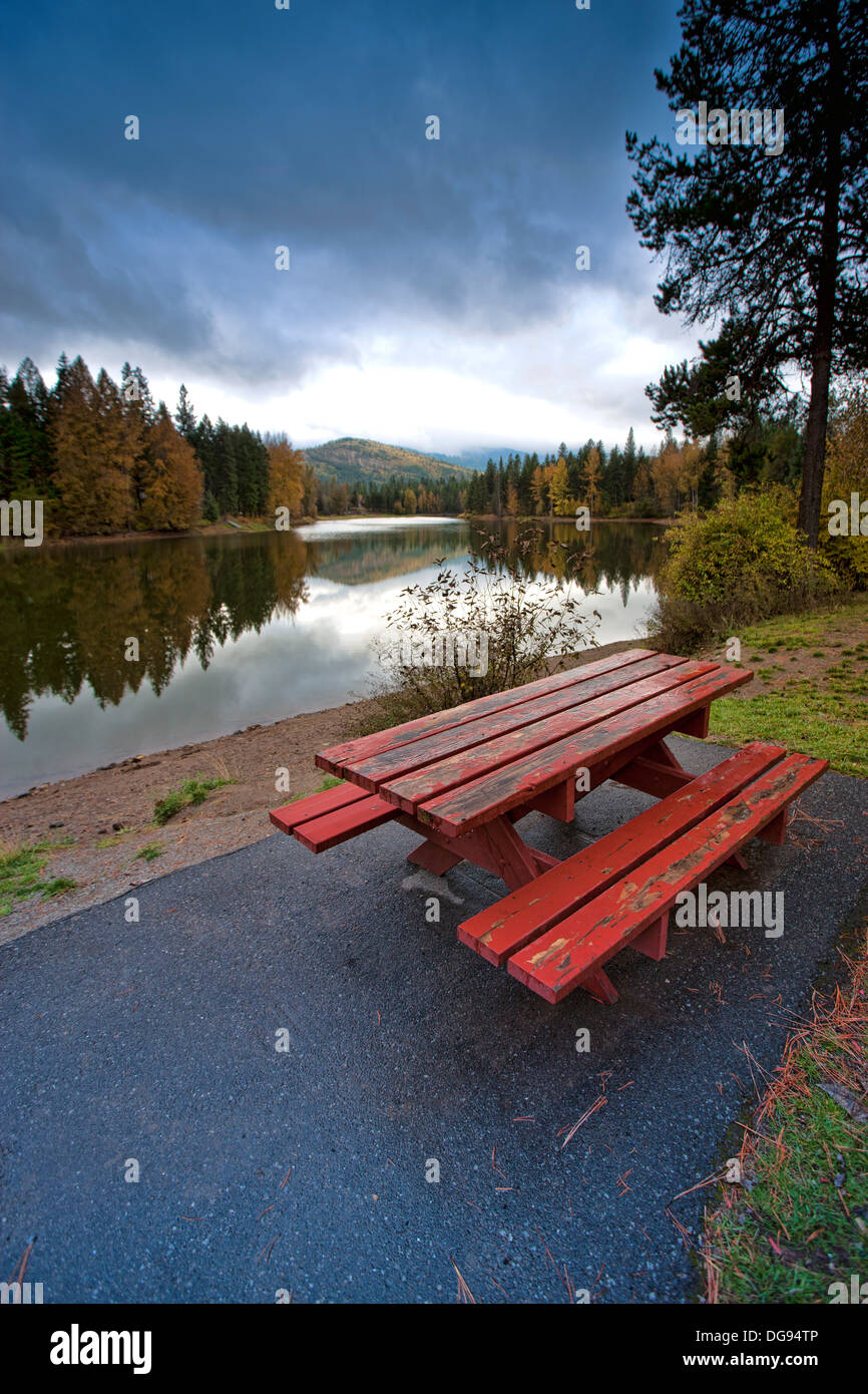 Picnic table near the lake Stock Photo Alamy