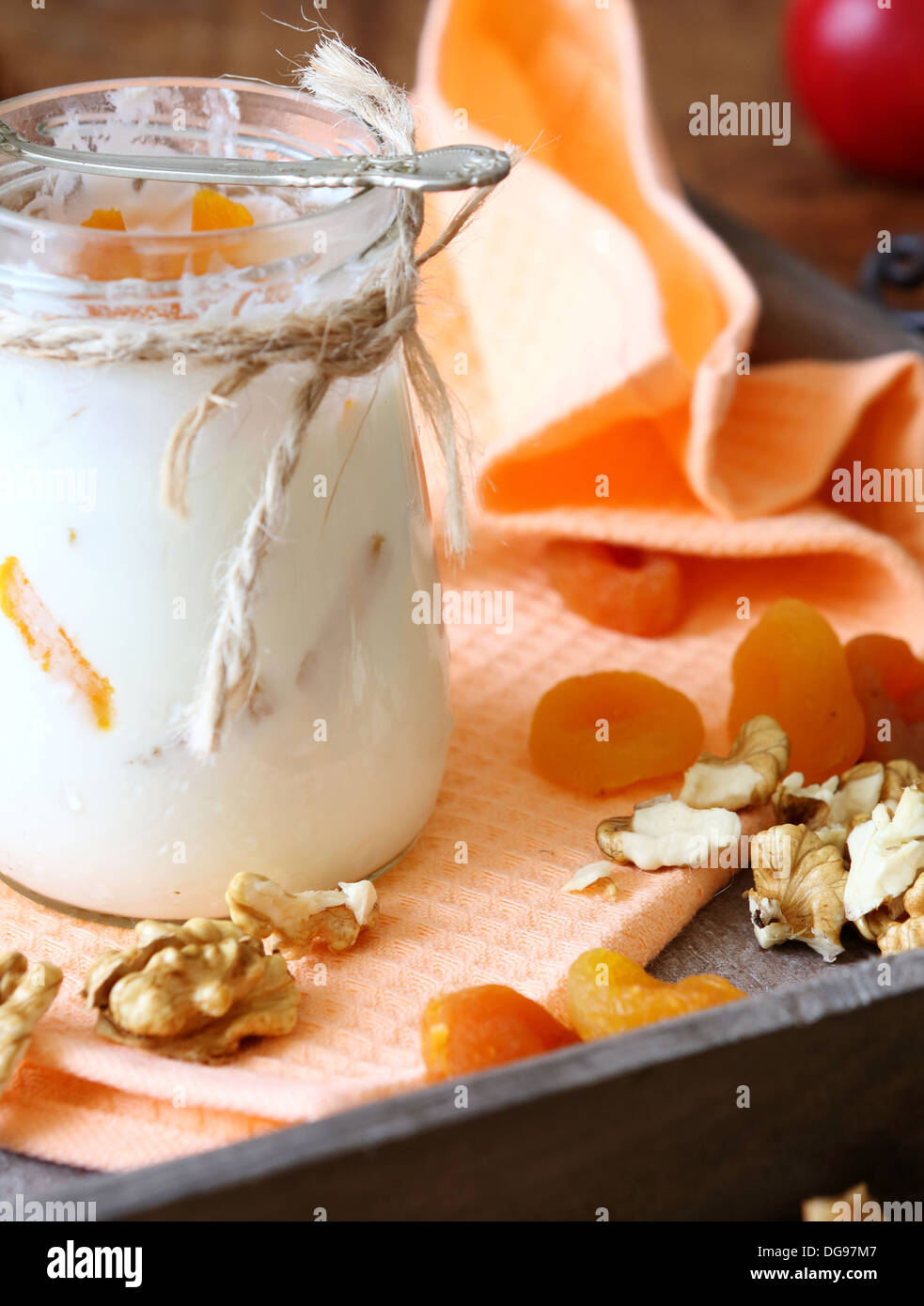 tasty and fresh yogurt in a jar, food close up Stock Photo