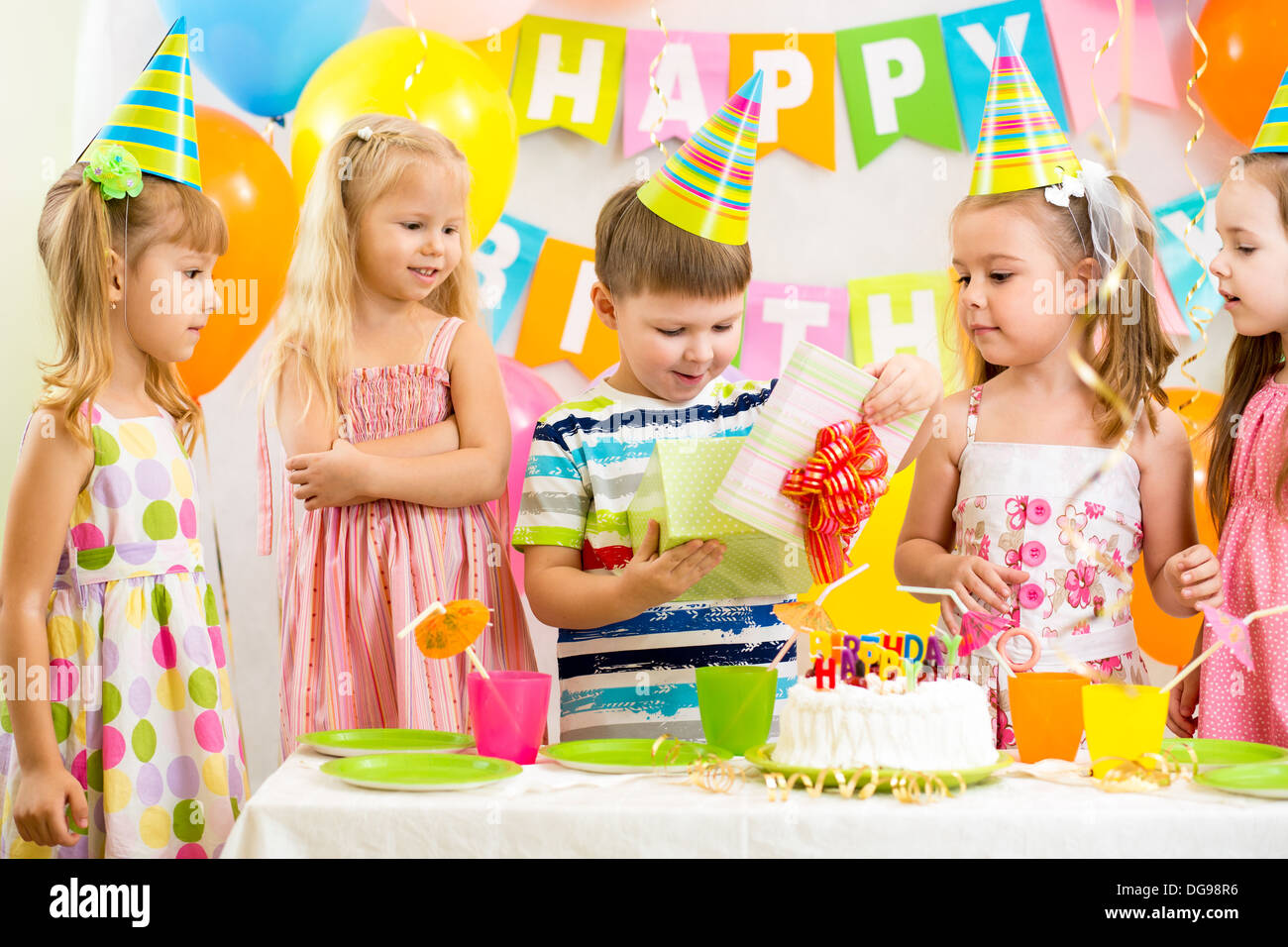 happy kids celebrating birthday holiday Stock Photo