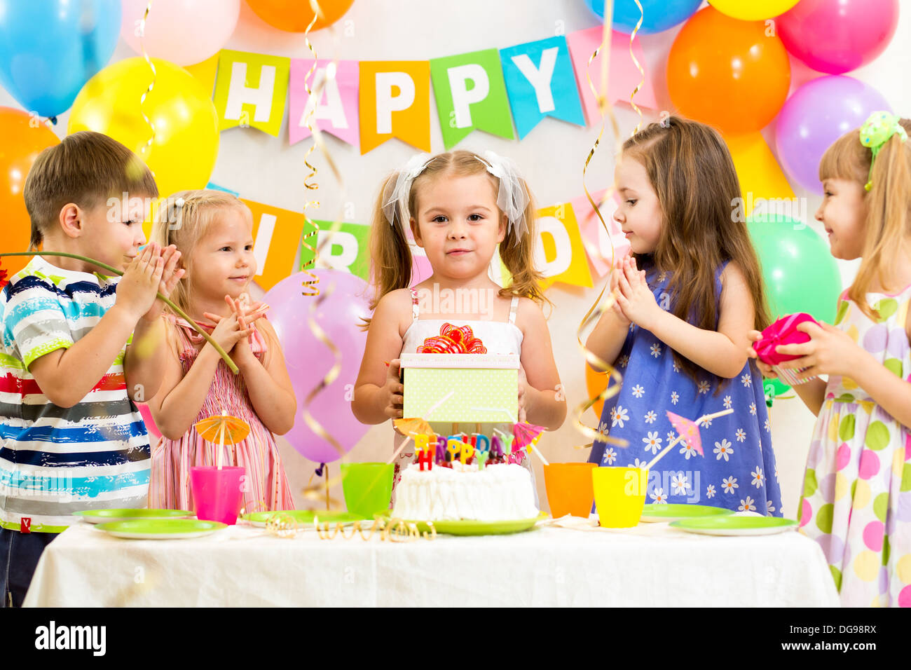 group of kids at birthday party Stock Photo