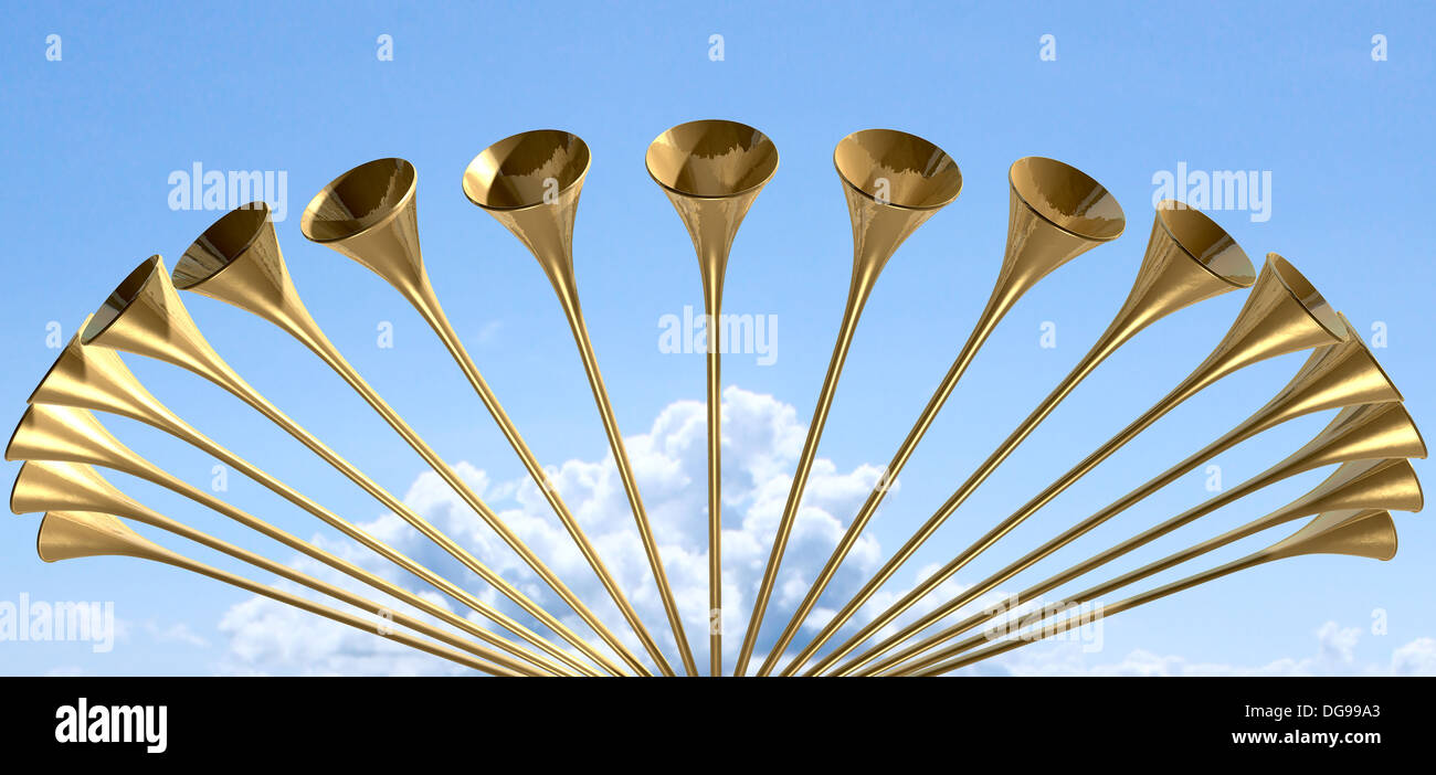A group of golden medieval trumpets in a circular arc proclaiming a