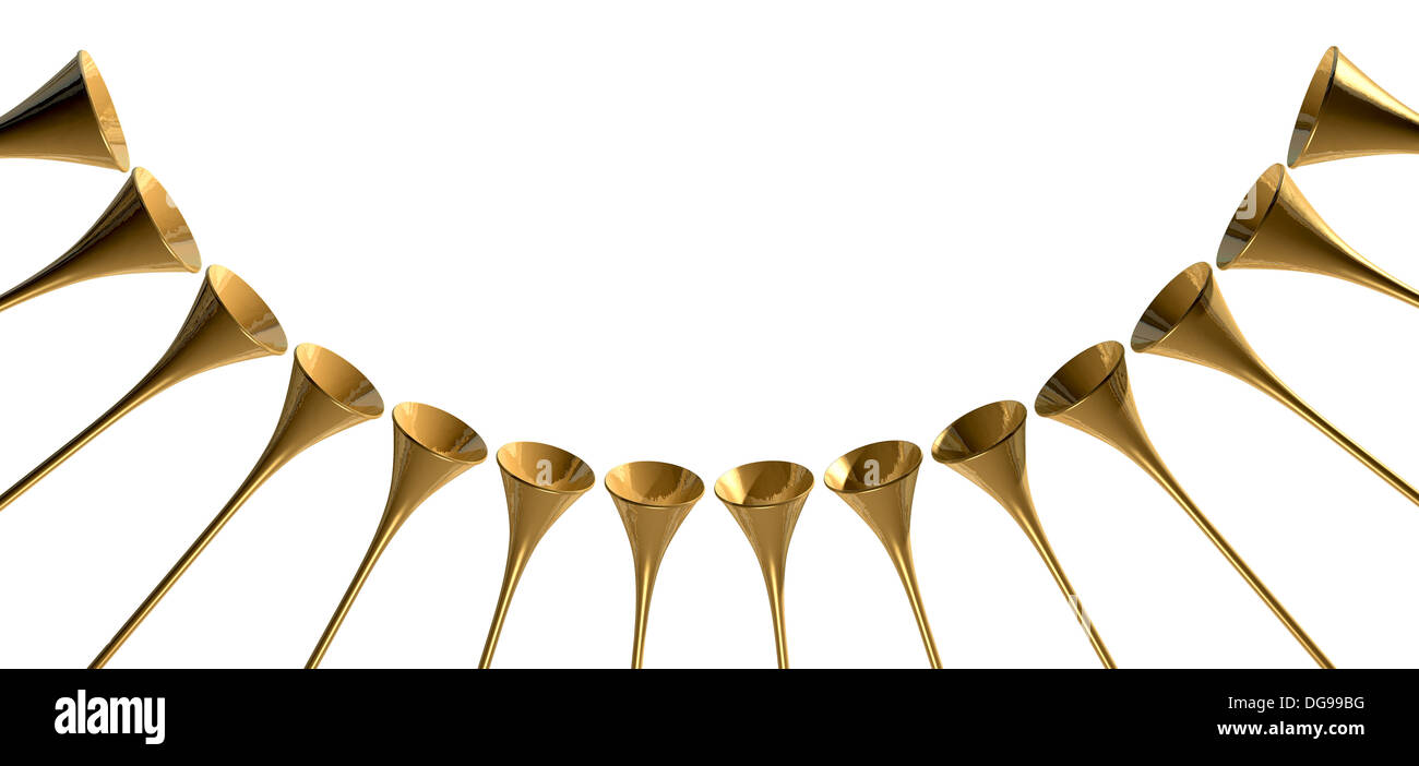 A group of golden medieval trumpets in a circular arc proclaiming a