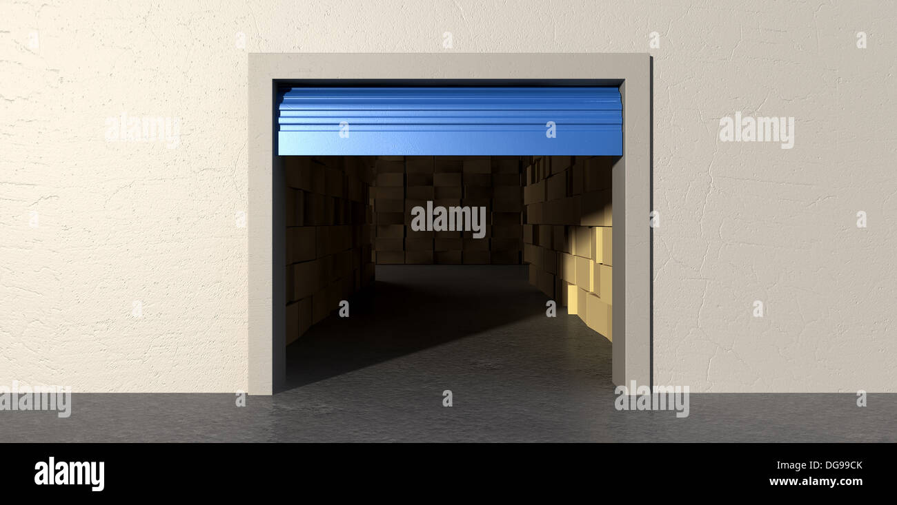 A perspective view of a storage room with an open blue roller door ...