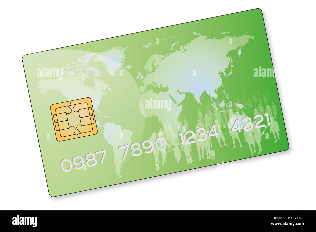 drawing of a green credit card with a crowd of people on a world map Stock Photo