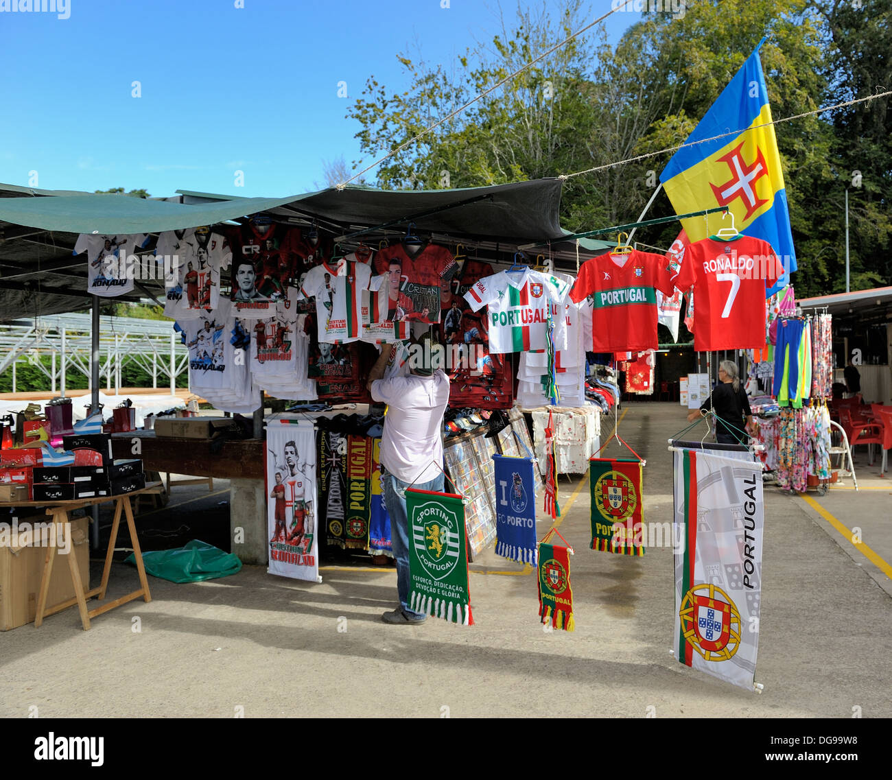 Madeira Portugal, an outdoor market stall selling Ronaldo T shirts in Santo De Serra village Stock Photo