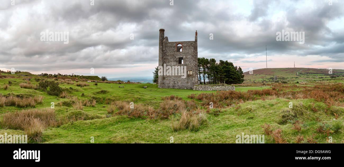 A panoramic view of Minions on Bodmin Moor in Cornwall with an old ruined engine house for a tin mine Stock Photo