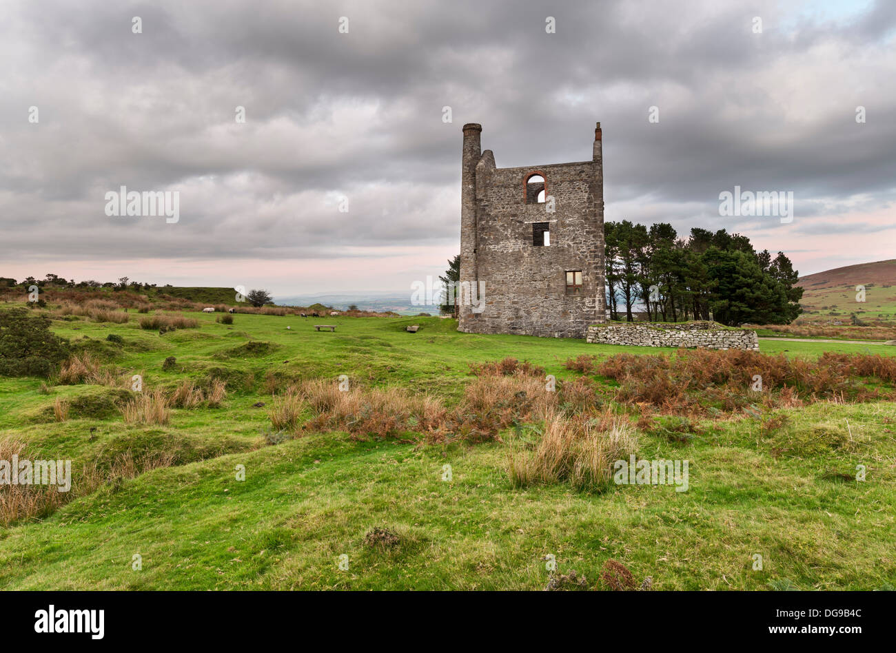 An old ruined engine house for a tin mine at Minions on Bodmin moor in Cornwall Stock Photo