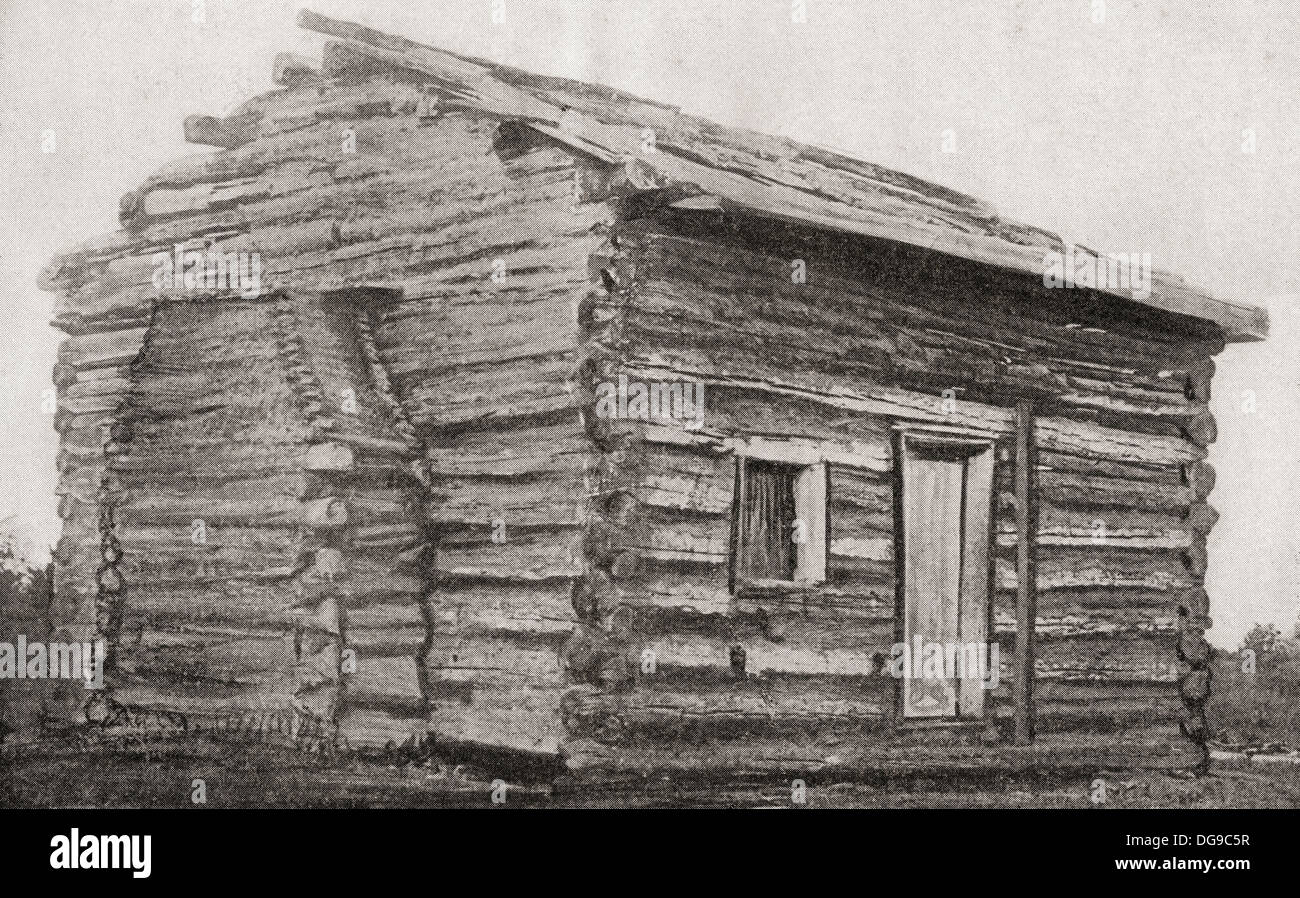 One room, one window, dirt floor log cabin at Sinking Spring Farm, Hardin County, Kentucky, where Abraham Lincoln was born. Stock Photo