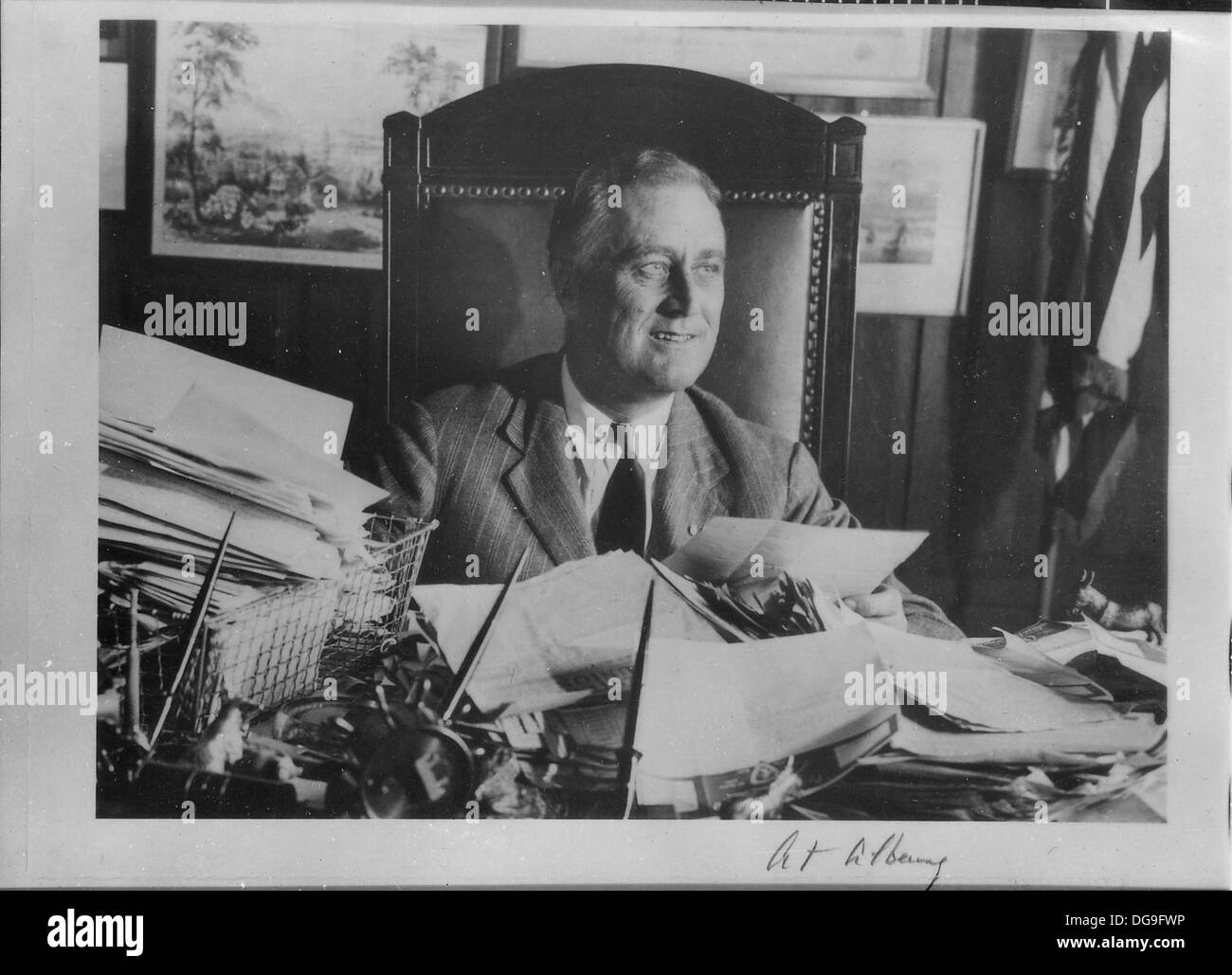 This photograph shows Franklin D. Roosevelt in Albany, New York. Roosevelt, the 32nd U.S. President, is remembered for his leadership during the Great Depression and World War II. Stock Photo