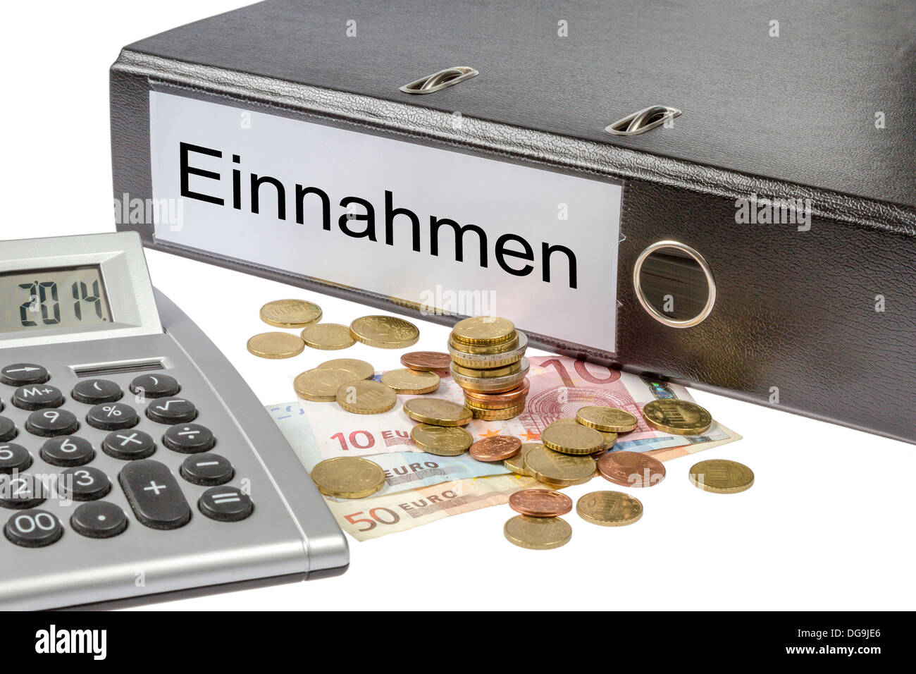 A Binder labeled wit the word Einnahme (German revenue) calculator and european currency isolated on white background Stock Photo
