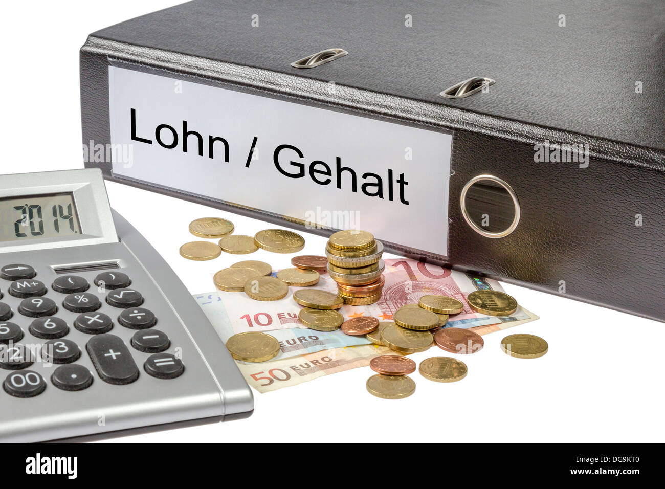 A Binder labeled wit the word Lohn Gehalt (German wage, salary) calculator and european currency isolated on white background Stock Photo