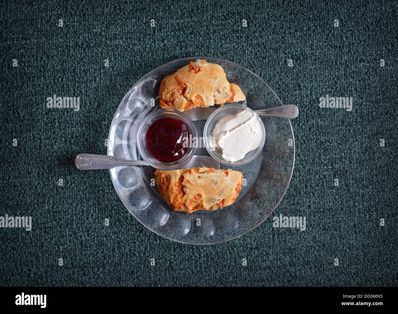 A butterscotch raisin scone with jam and clotted cream served at Robinson's tea room in Stony Brook, Long Island, New York Stock Photo
