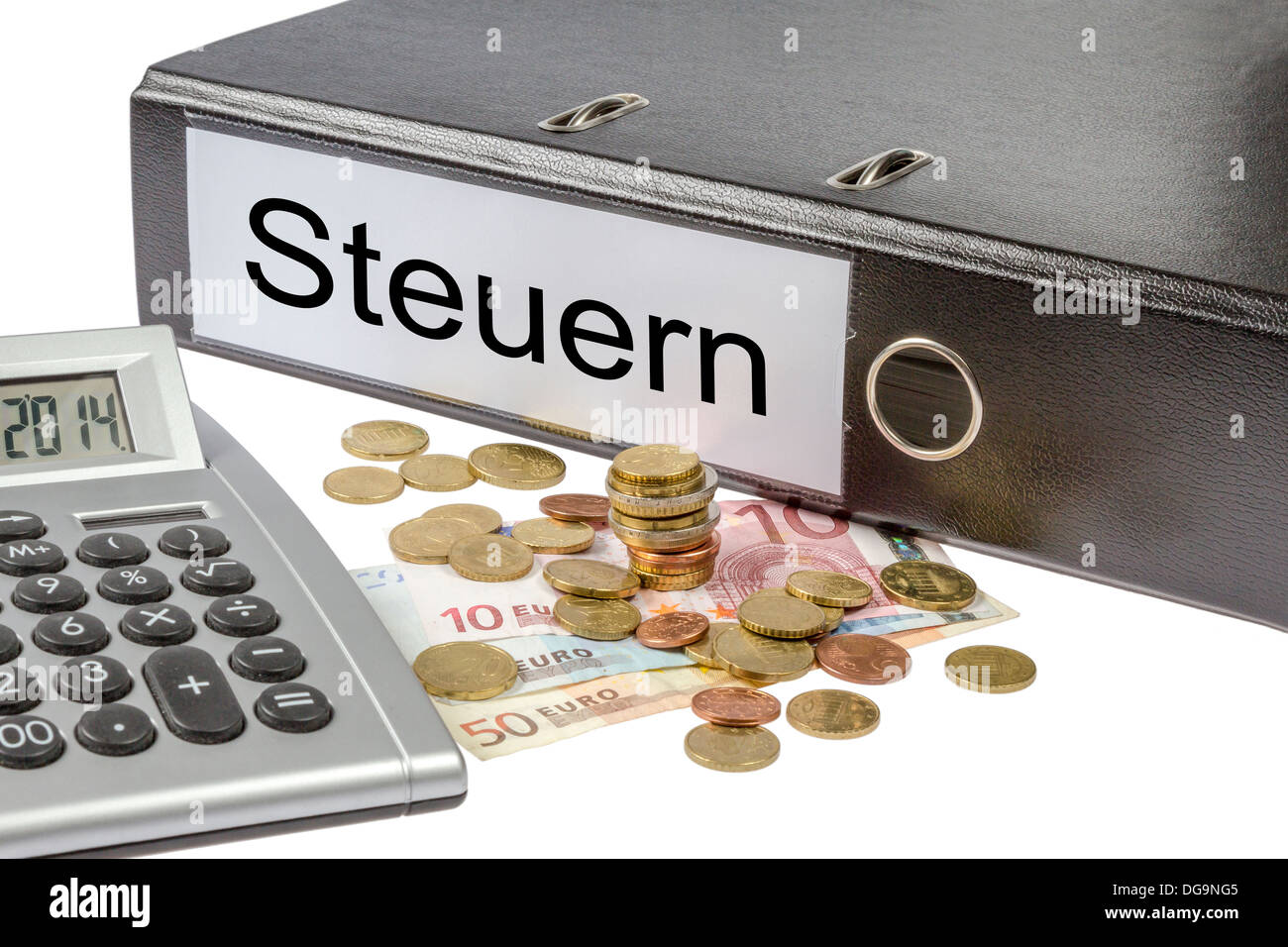 A Binder labeled wit the word Steuern (German Taxes), calculator and european currency isolated on white background Stock Photo