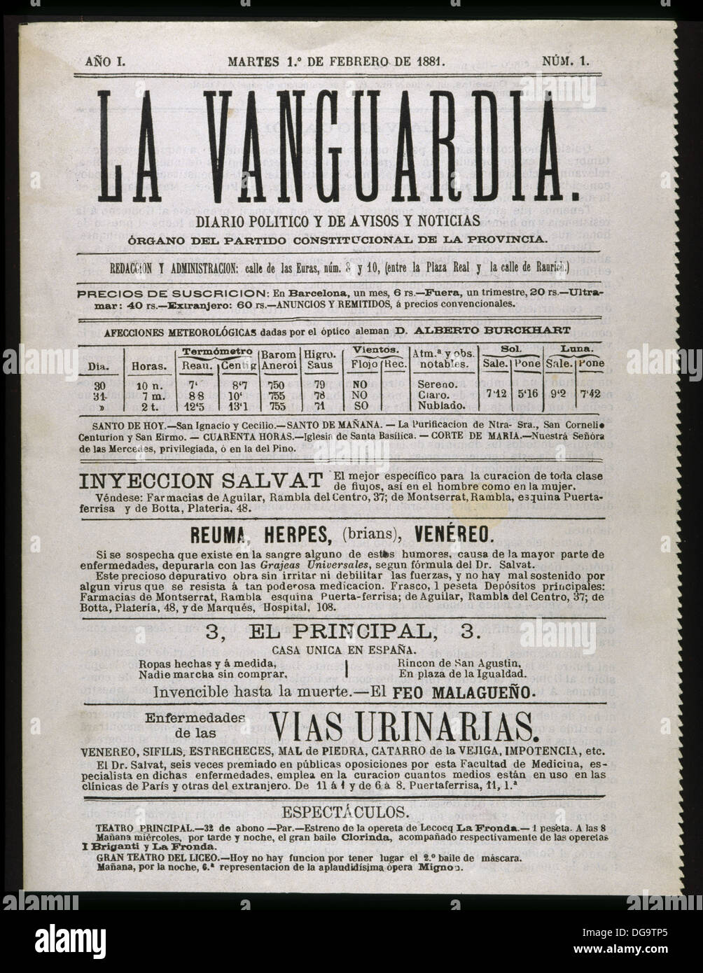 First number (1st February 1881) of La Vanguardia newspaper based in  Barcelona (Catalonia, Spain Stock Photo - Alamy