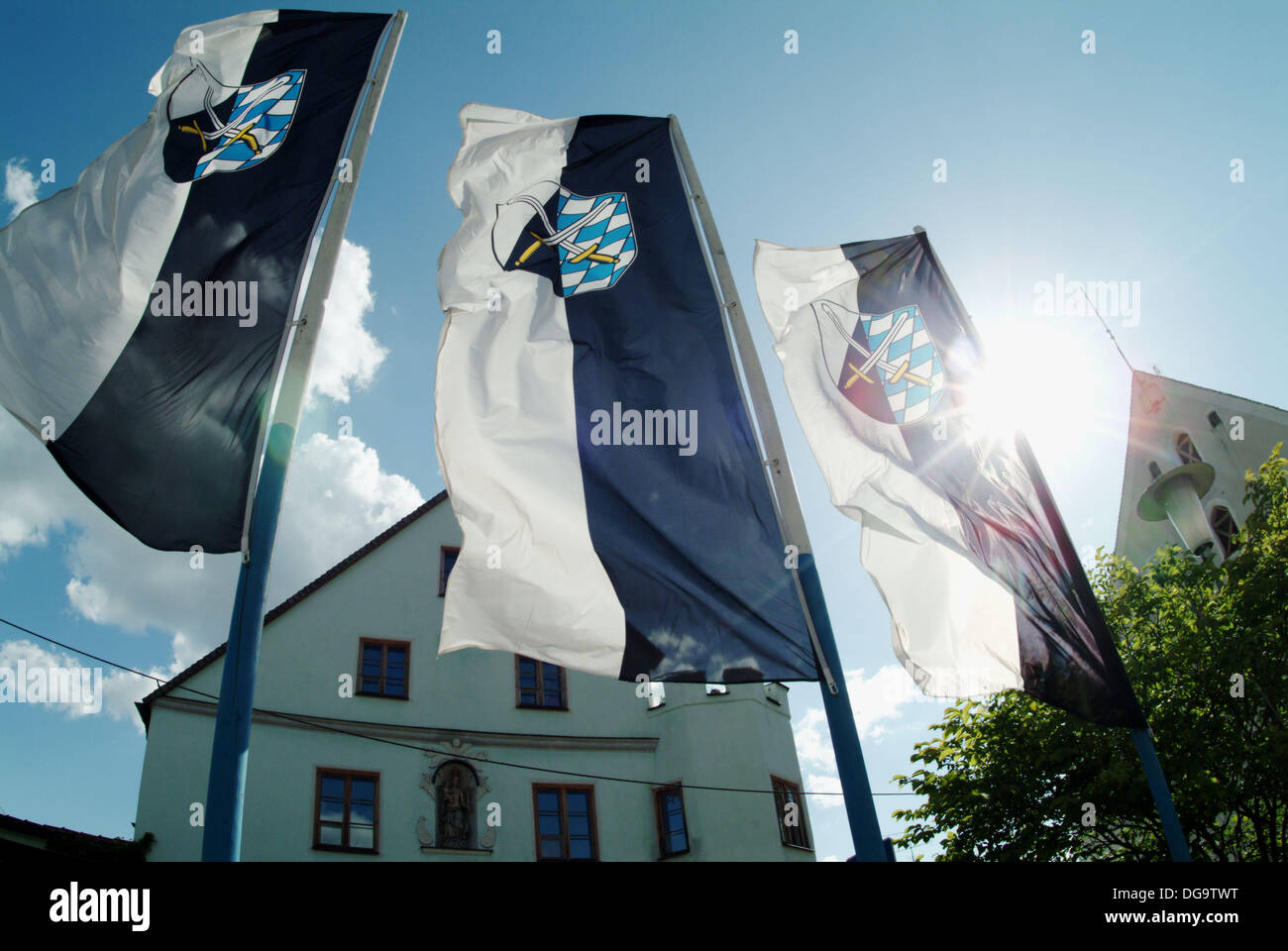 Flags in Abensberg. Upper Palatinate. Bavaria. Germany Stock Photo