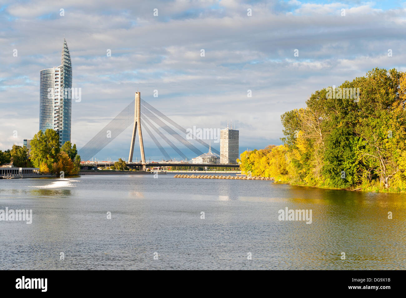 Cable stayed bridge across Daugava river in Riga, Latvia Stock Photo