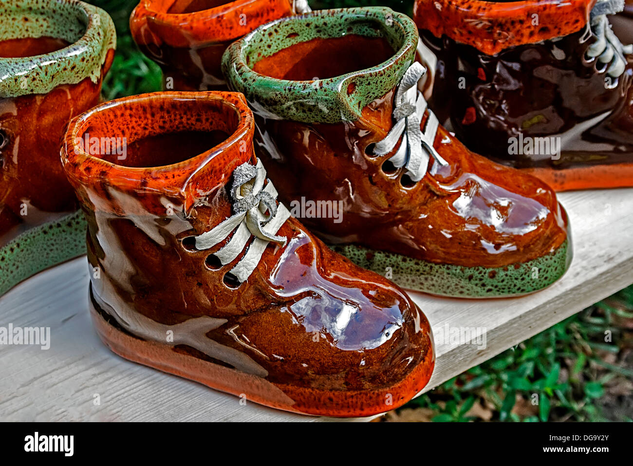 Boots ornamental from ceramics, made in house and exposed for sale. Specific on Corund area, Transylvania, Romania. Stock Photo