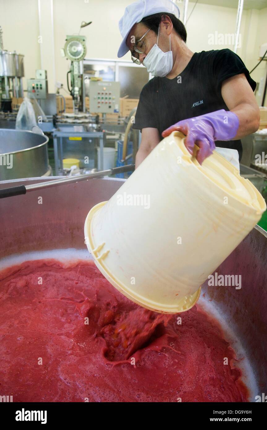 Man pouring tomato juice in vat which is heated during the