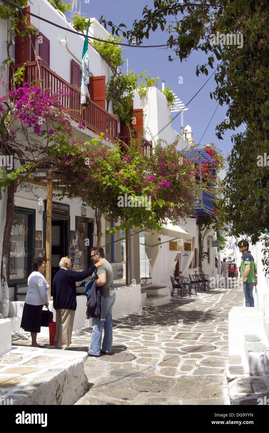 The shops and boutiques of Hora on the Greek Island of Mykonos, Greece. Stock Photo