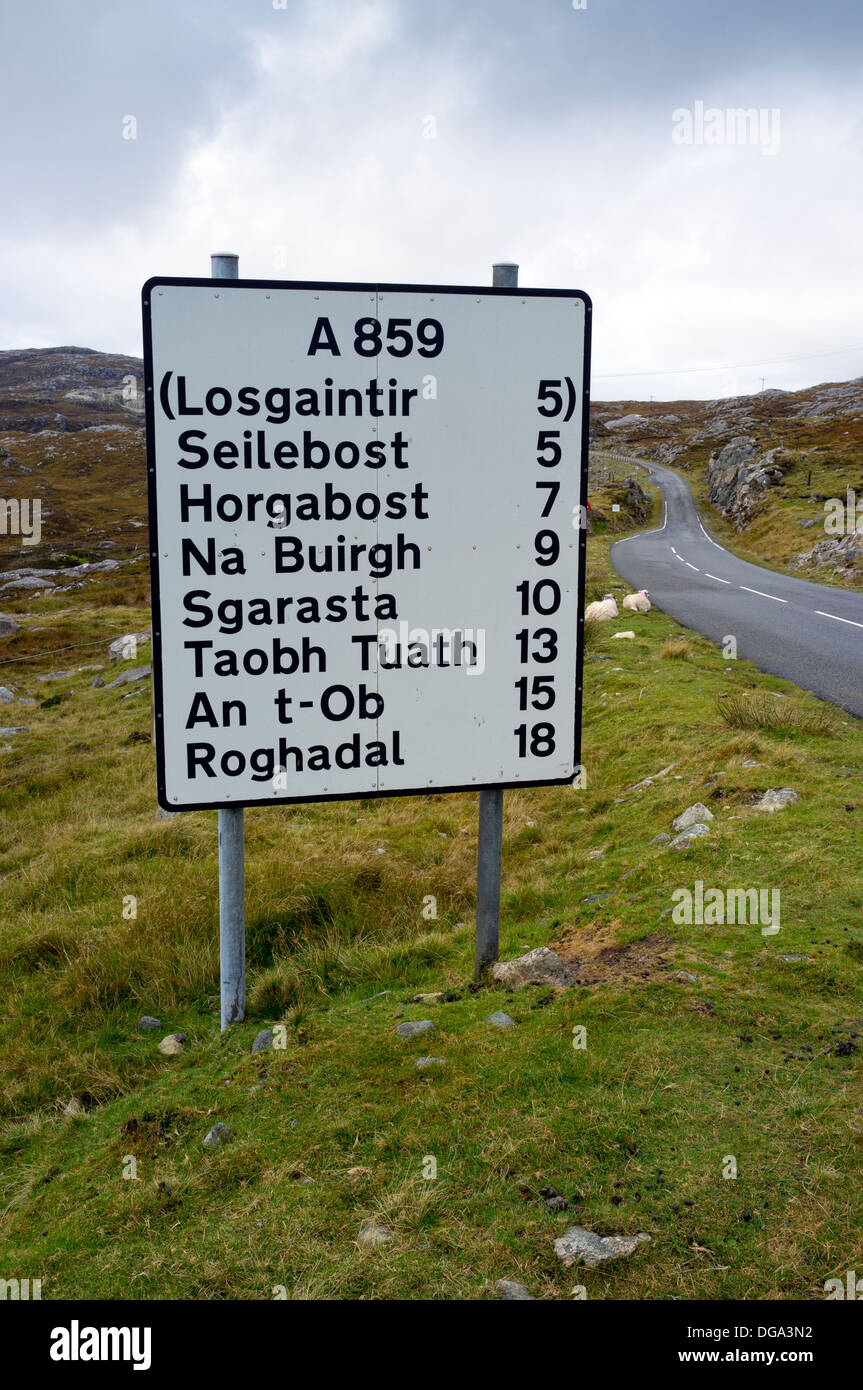 Gaelic Sign Post for Isle of Harris locations Western Isle Scotland UK Stock Photo