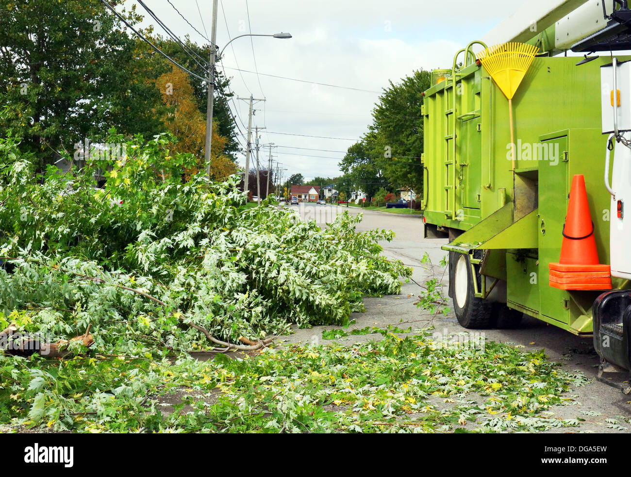 Wood chipper truck in the street with cut down tree branches: landscape  contractor Stock Photo - Alamy