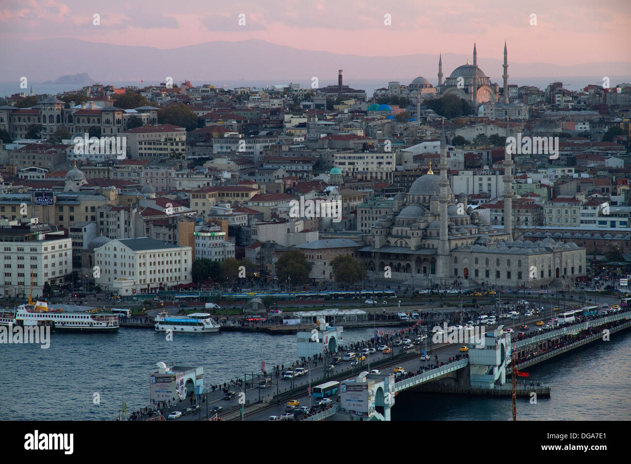 Turkey Istanbul View on Old City and Galata Bridge at Sunset Stock Photo