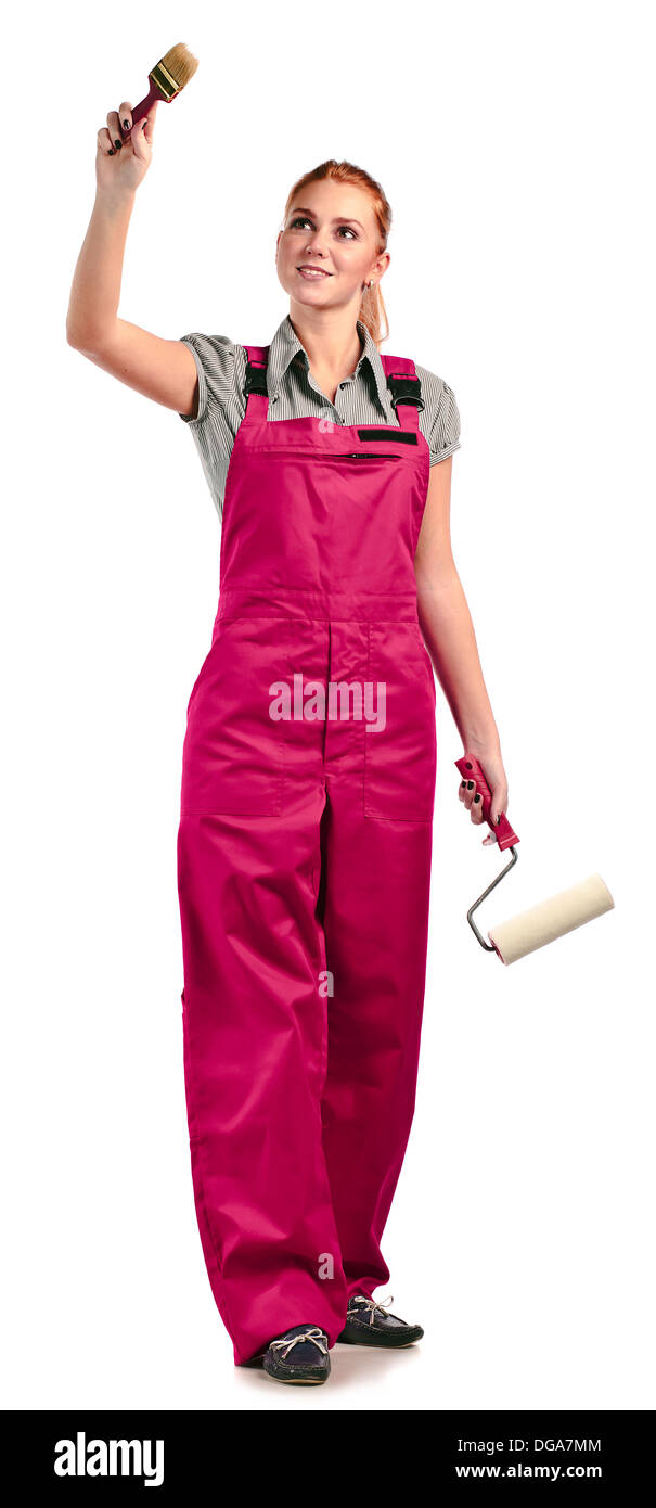 Young woman in red overalls with painting tools , isolated on white Stock  Photo - Alamy