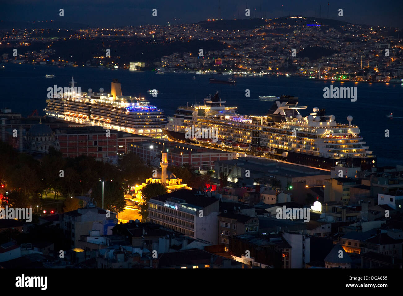 Night View on Istanbul Harbour With Cruise Ships and City Stock Photo
