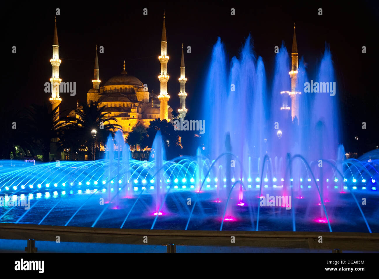 Colored Fountain and The Blue Mosque in Istanbul at Night Stock Photo