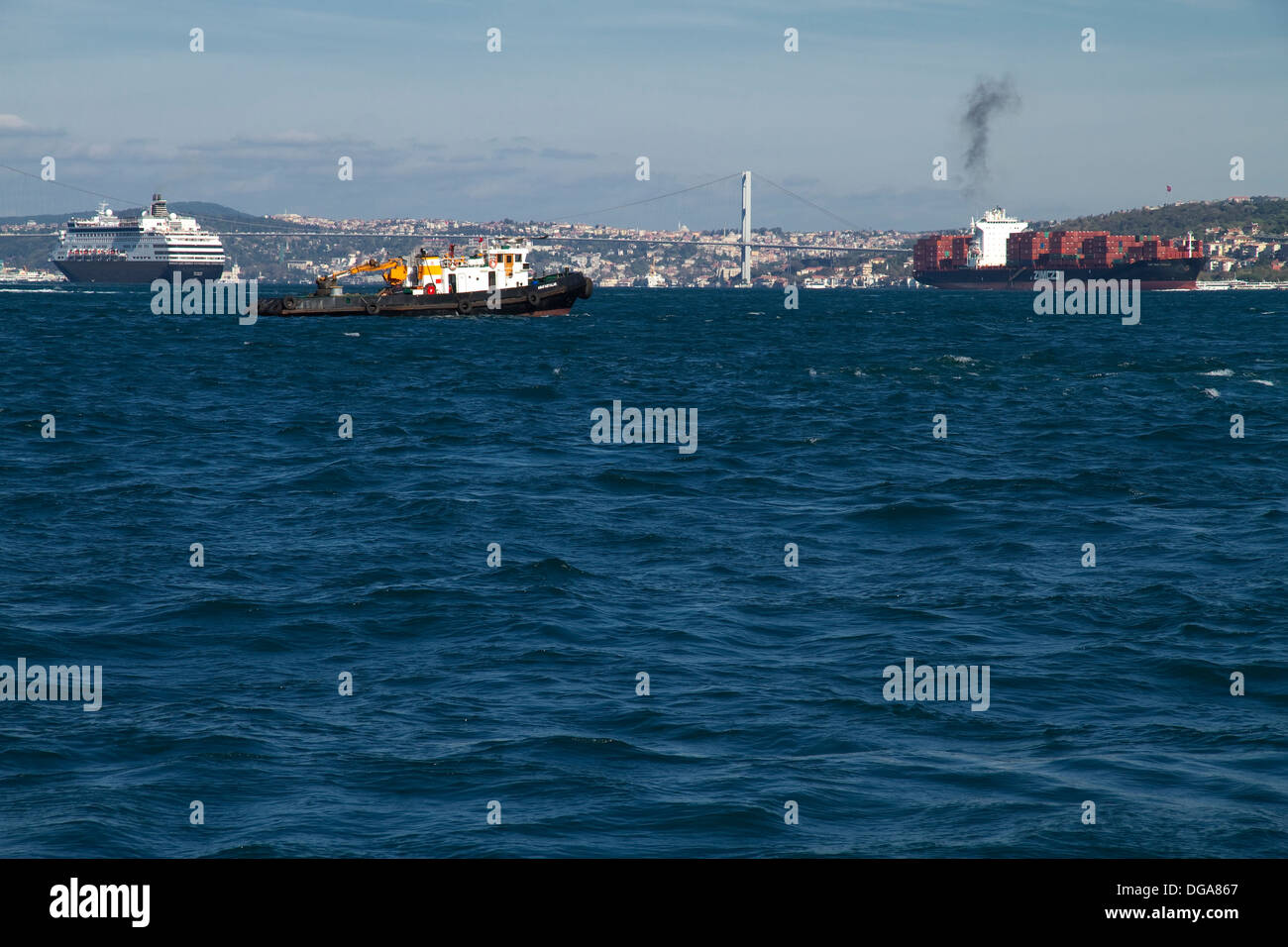 Turkey Istanbul View on Bosphorus, Ships, Bridge and City Stock Photo