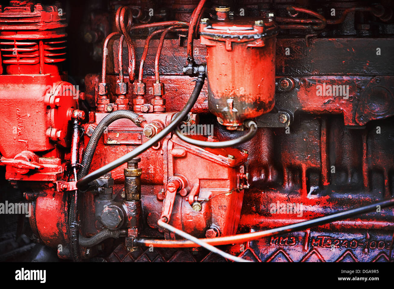 Details of the engine explosion of a classic farm tractor in the area