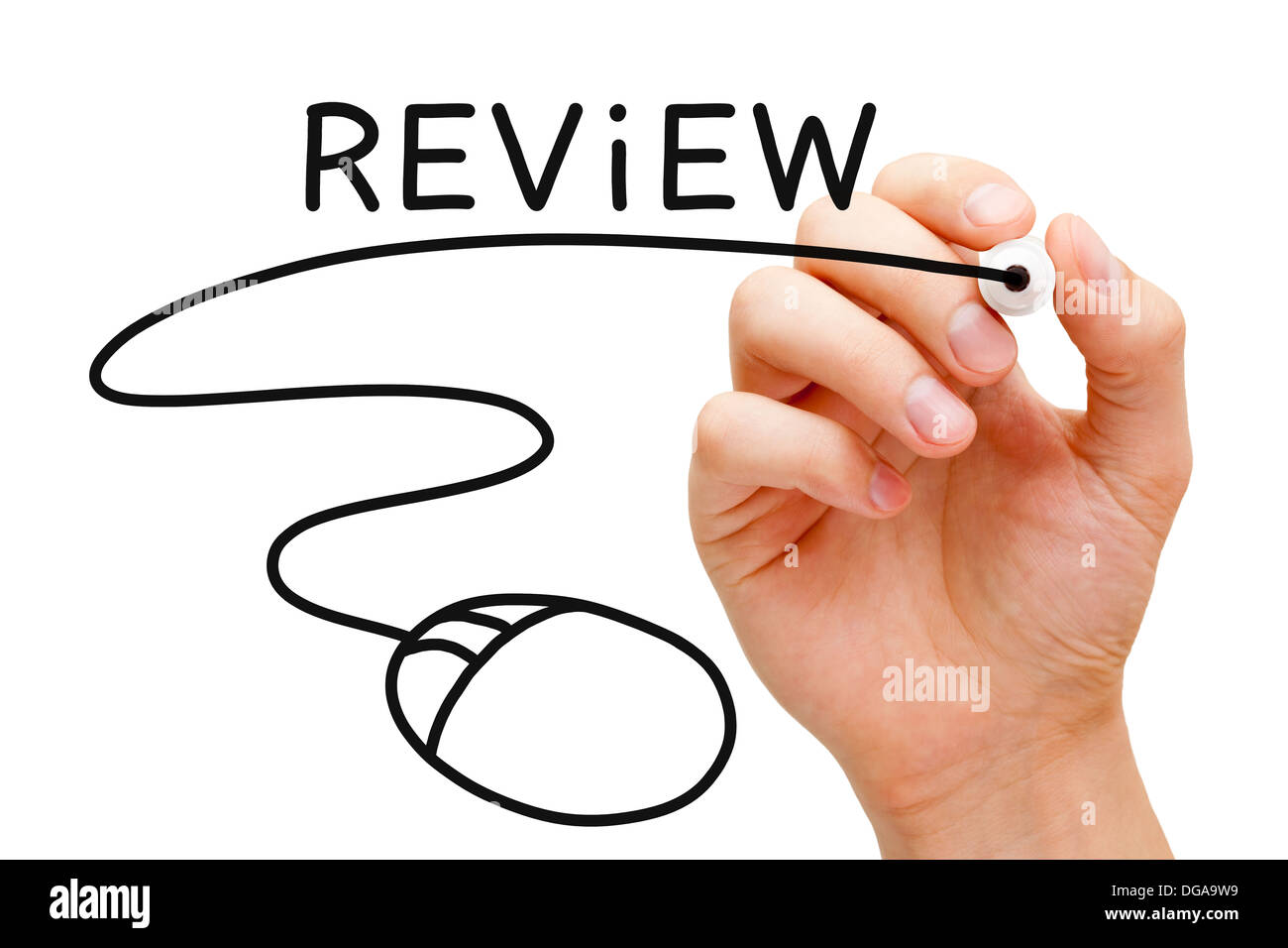 Hand sketching Online Review Concept with black marker on transparent wipe board. Stock Photo