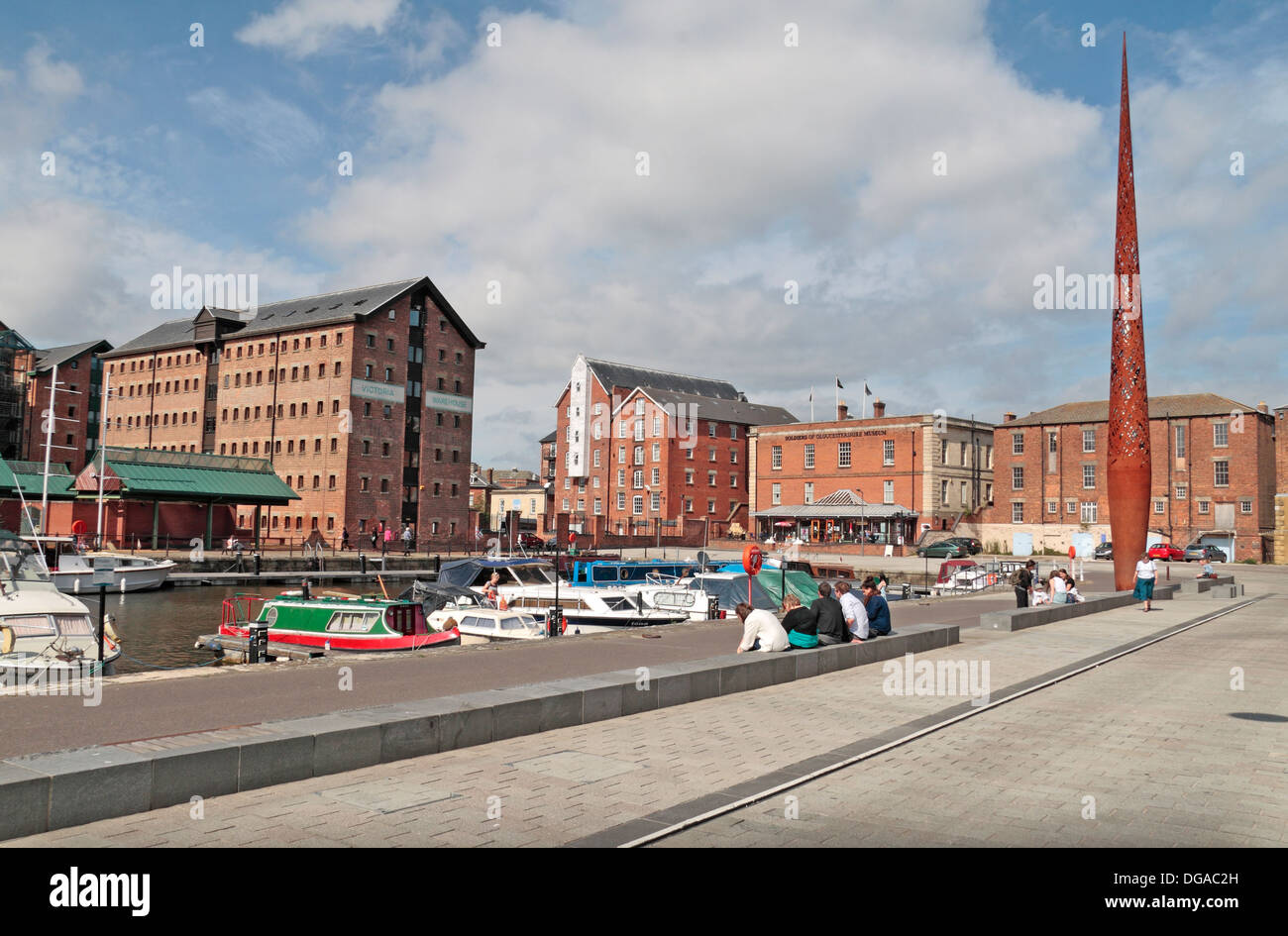 General view of Gloucester docks (Victoria Dock) with "The Candle"by Wolfgang Buttress, Gloucestershire, UK Stock Photo