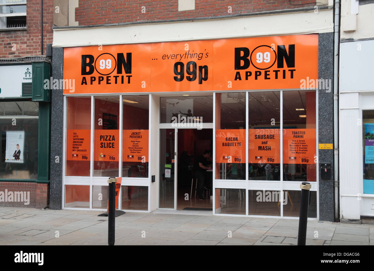 The 99p Bon Appetit cafe (where everything is 99 pence or £0.99) in Southgate Street, Gloucester, UK. Stock Photo