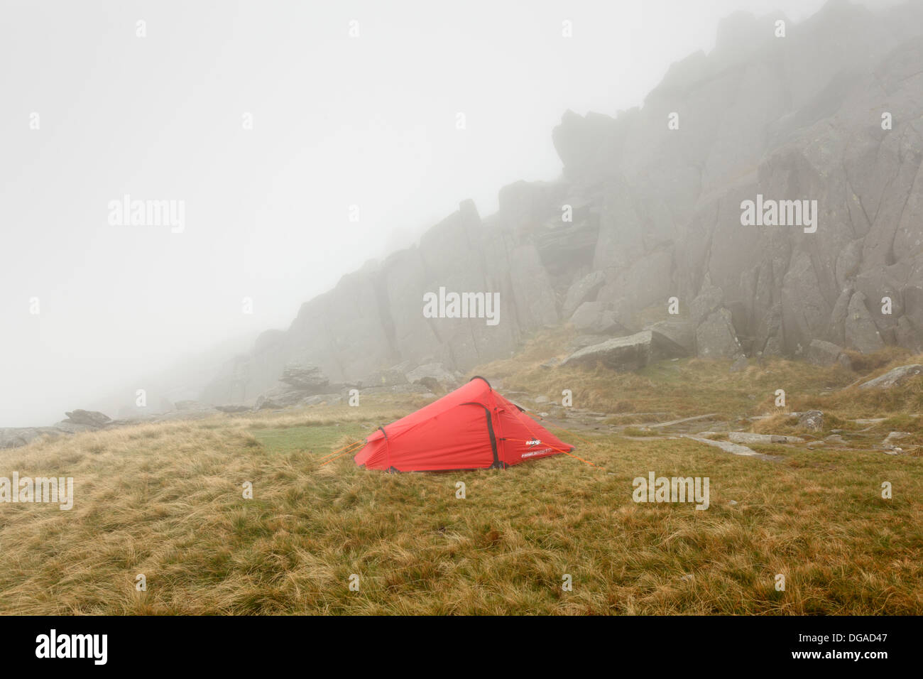Wild Camping on Glyder Fach in Low Cloud. Snowdonia National Park, Conwy, Wales, UK. Stock Photo