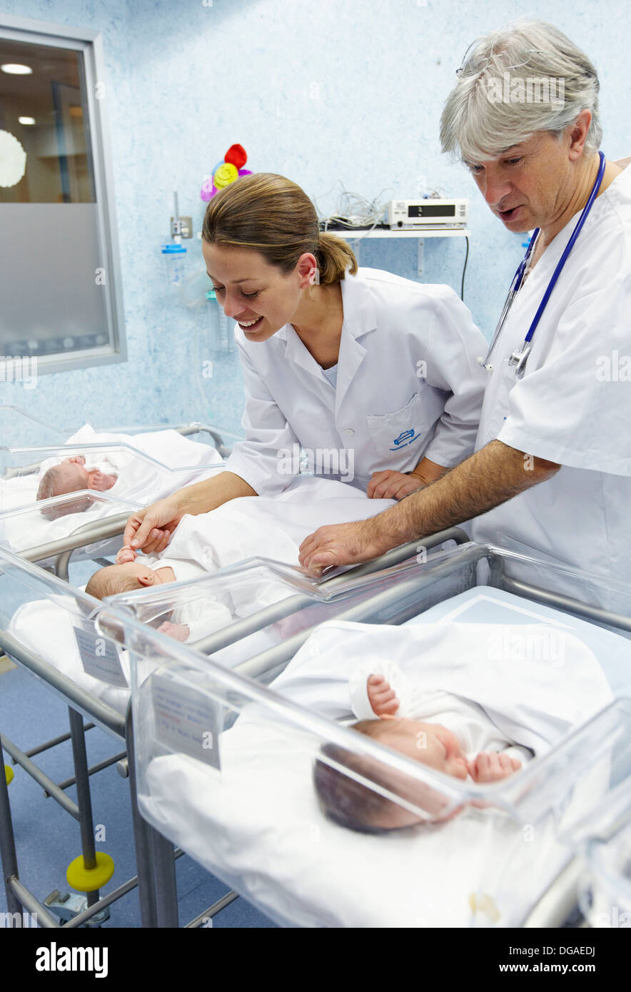 Pediatrician and nurse with newborn babies, child-care unit, pediatrics. Hospital Policlinica Gipuzkoa, San Sebastian, Stock Photo