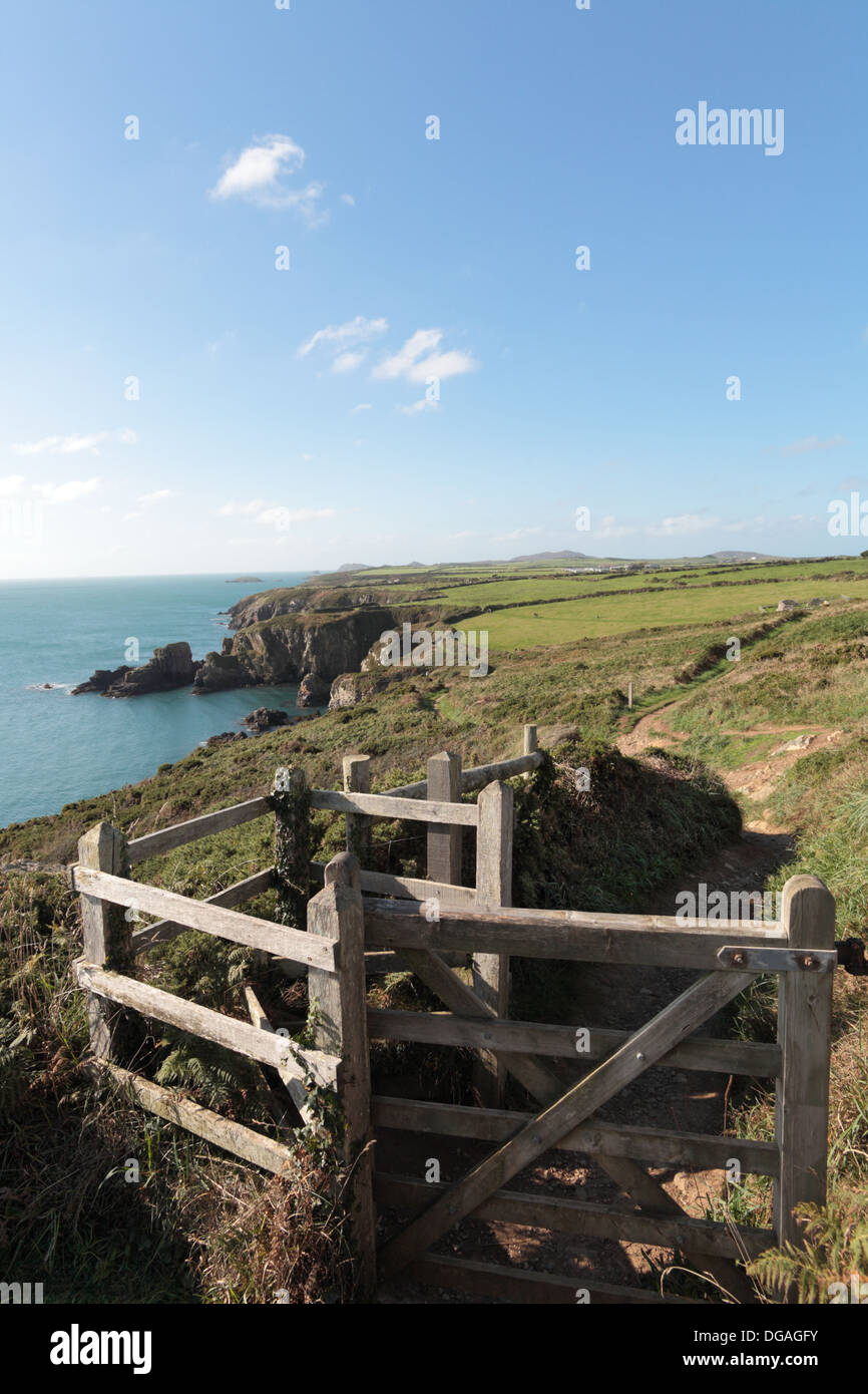 A gate on the Pembrokeshire coastal path south of St David's in Wales. Stock Photo