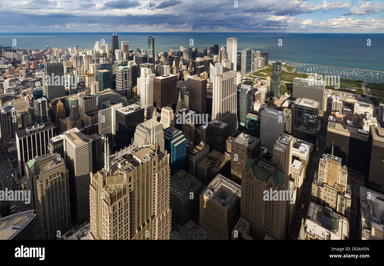 Aerial view of Chicago buildings and Lake Michigan marina Stock Photo