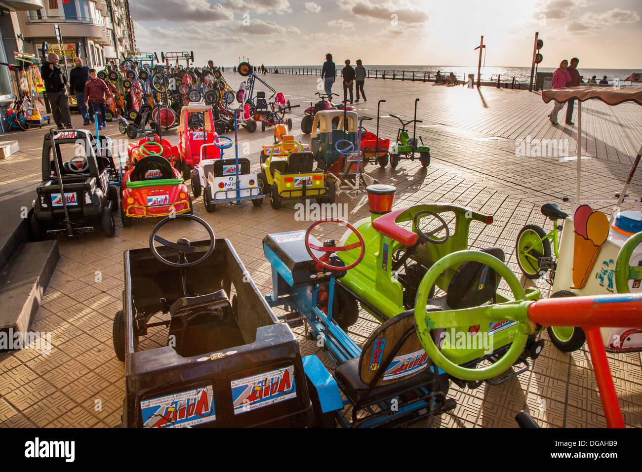 Letter of go-carts on sea dyke promenade at Koksijde / Coxyde along the North Sea coast, Belgium Stock Photo