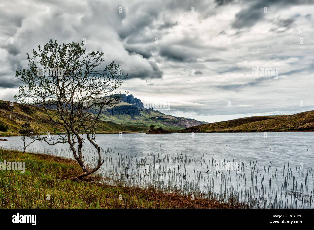 A view of the Old Man of Storr in Scotland, with clouds hovering above and waters nearby. The landscape is tranquil, with reeds and grass lining the riverbank, creating a peaceful atmosphere. Stock Photo