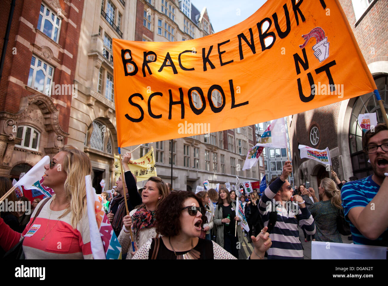 The march passes the Department for Education in Westminster and the crowd shout out for Gove's resignation. Stock Photo