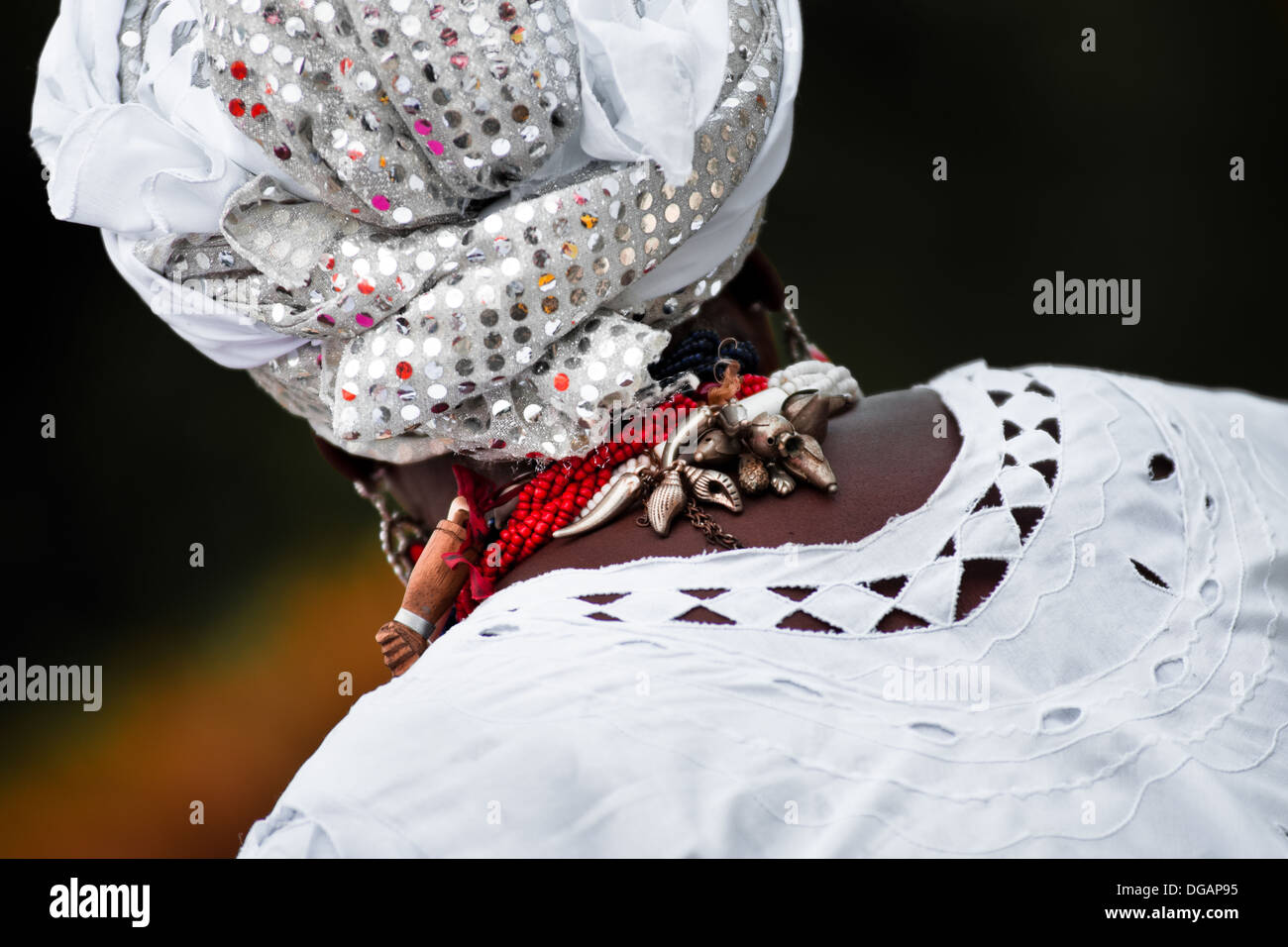 A Baiana woman seen in front of the St. Lazarus church in Salvador, Bahia, Brazil. Stock Photo