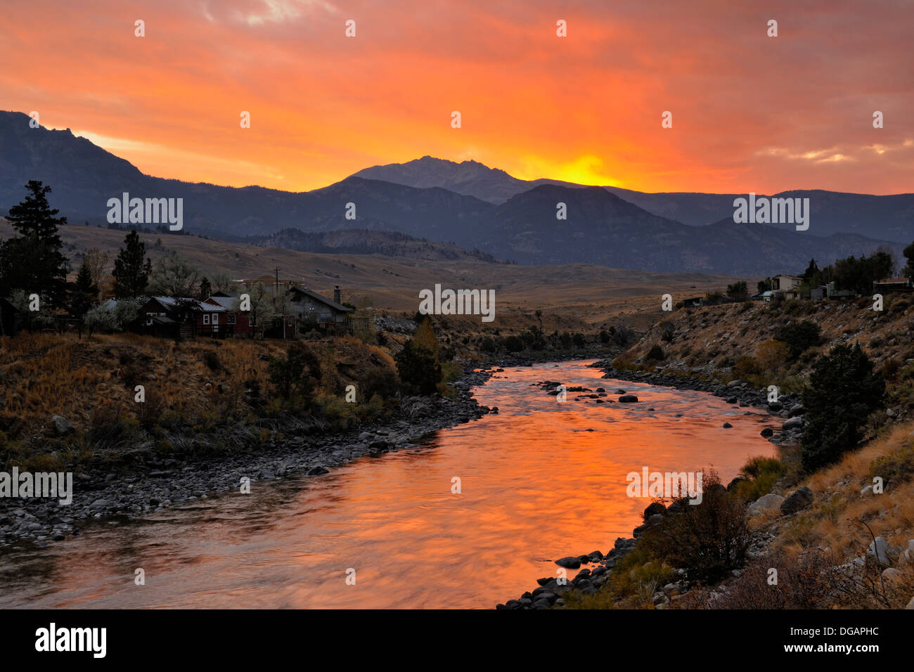 Sunset reflections in the Yellowstone River Gardiner Montana USA Stock