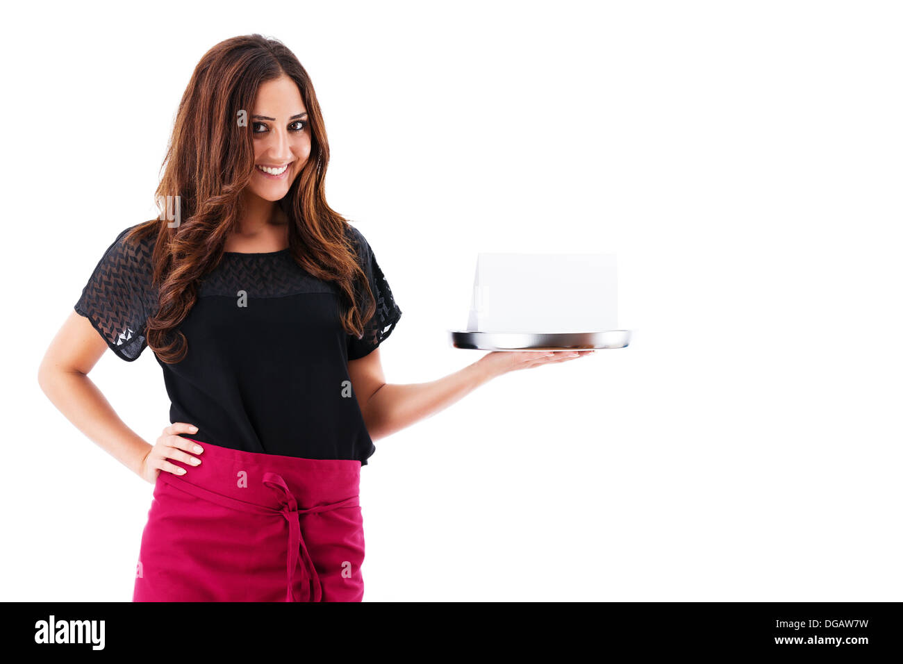 happy waitress holding tray with a blank card on white background Stock Photo