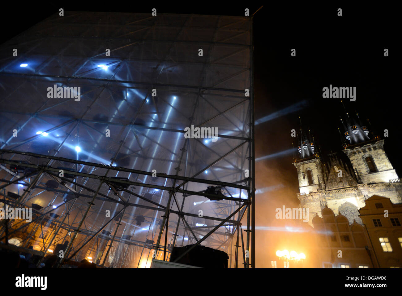Prague, Czech Republic. 17th October 2013. The first year of the biggest festival of light in the Czech Republic starts on October 17, 2013. HyperCube by the French architects Pierre Schneider and Francoise Wunschel pictured on Old Town Square in Prague. (CTK Photo/Michal Krumphanzl/Alamy Live News) Stock Photo