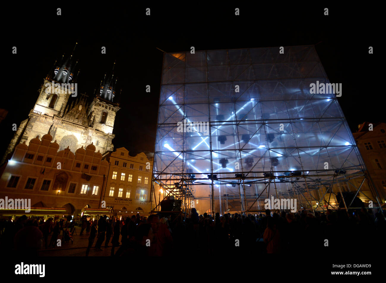 Prague, Czech Republic. 17th October 2013. The first year of the biggest festival of light in the Czech Republic starts on October 17, 2013. HyperCube by the French architects Pierre Schneider and Francoise Wunschel pictured on Old Town Square in Prague. (CTK Photo/Michal Krumphanzl/Alamy Live News) Stock Photo